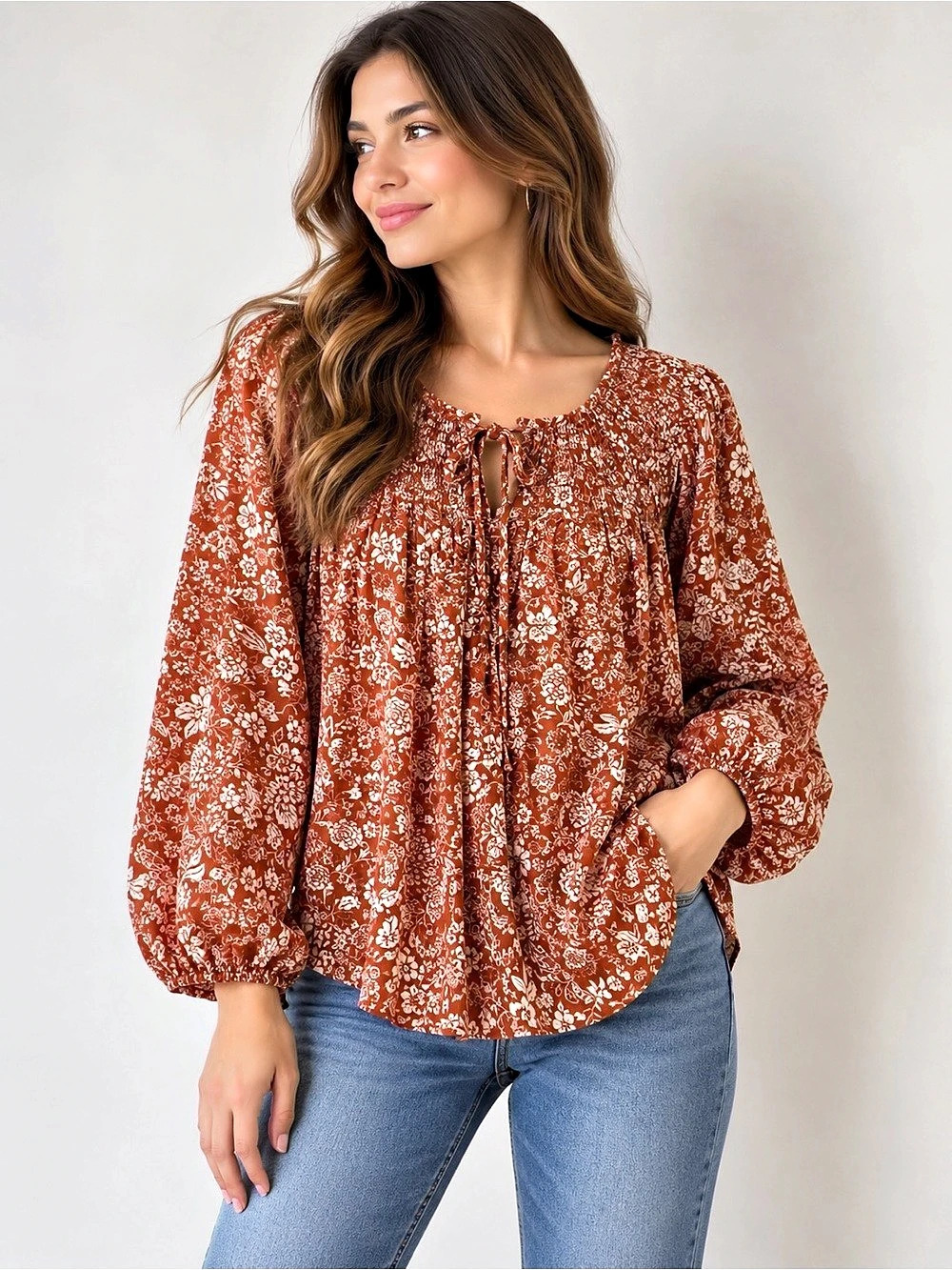 Primark Floral Blouse in Orange & White Size Medium